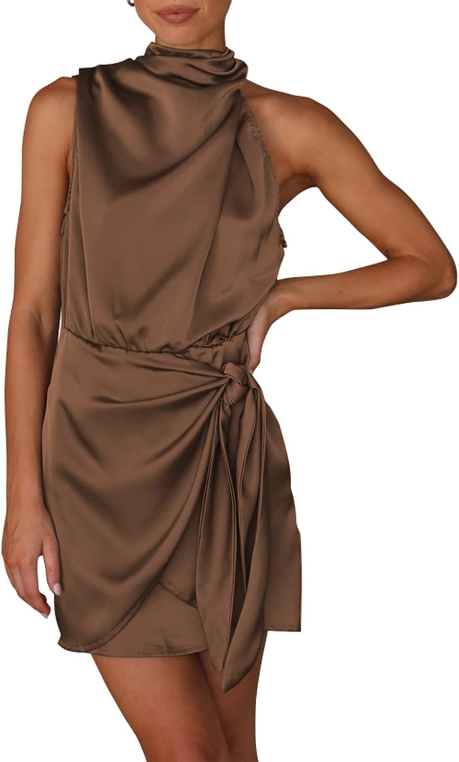 Satin Mock-Neck Asymmetric Ruched Cocktail Dress in Dark Brown