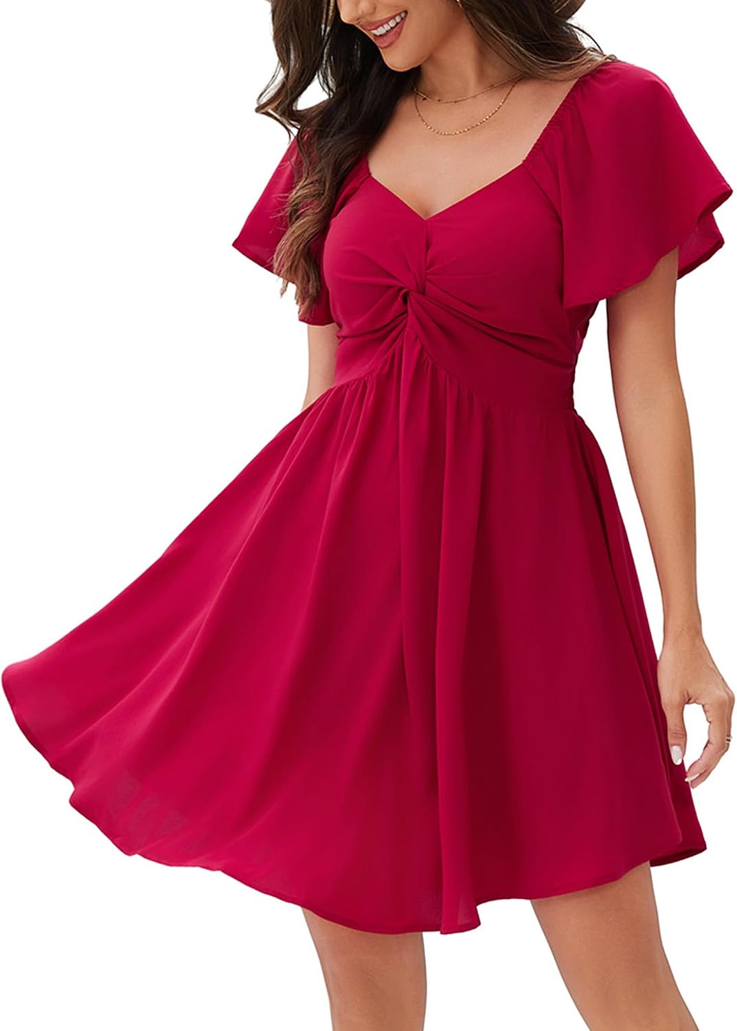 Chiffon Sweetheart Knot-Front Flutter-Sleeve Mini Dress in Red