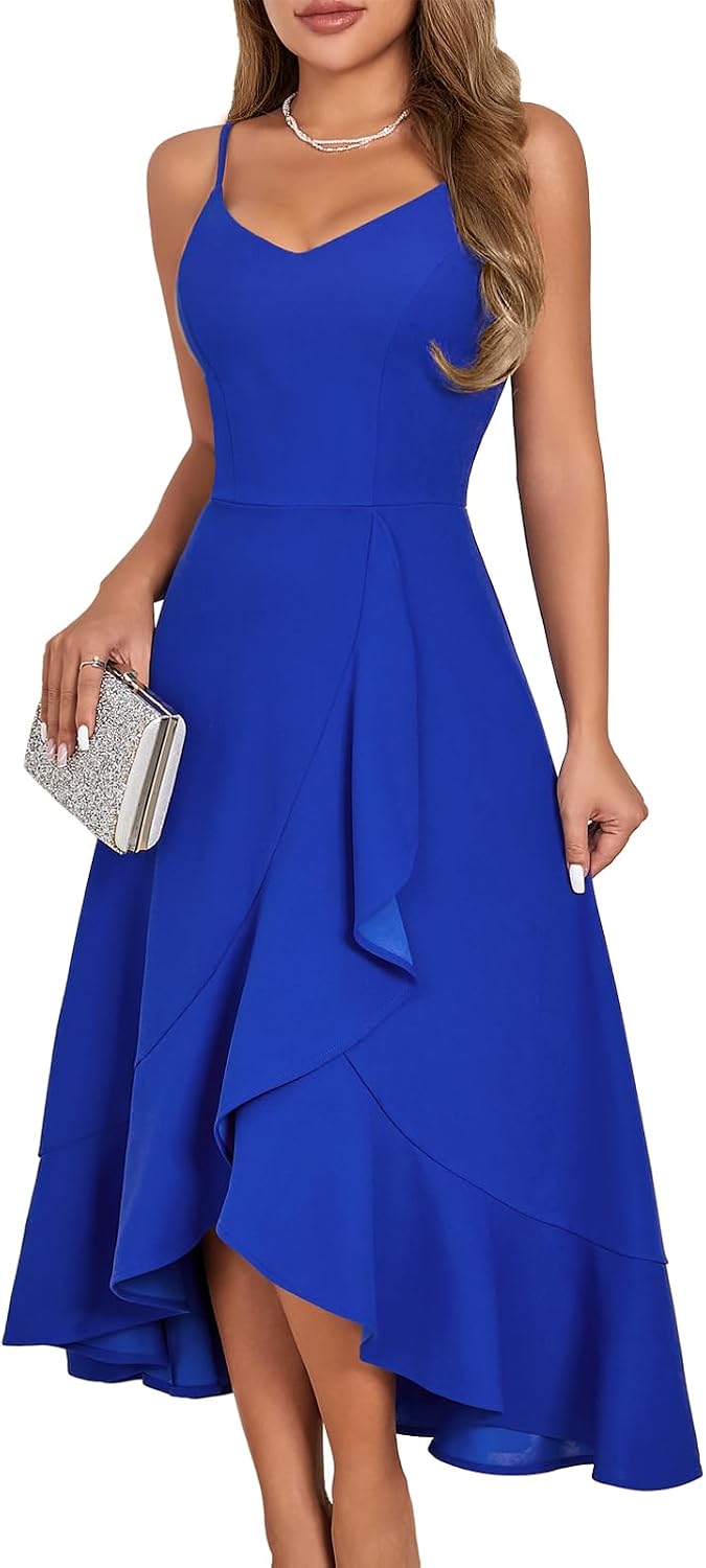 Ruffle High-Low Spaghetti Strap Cocktail Dress in Royal Blue