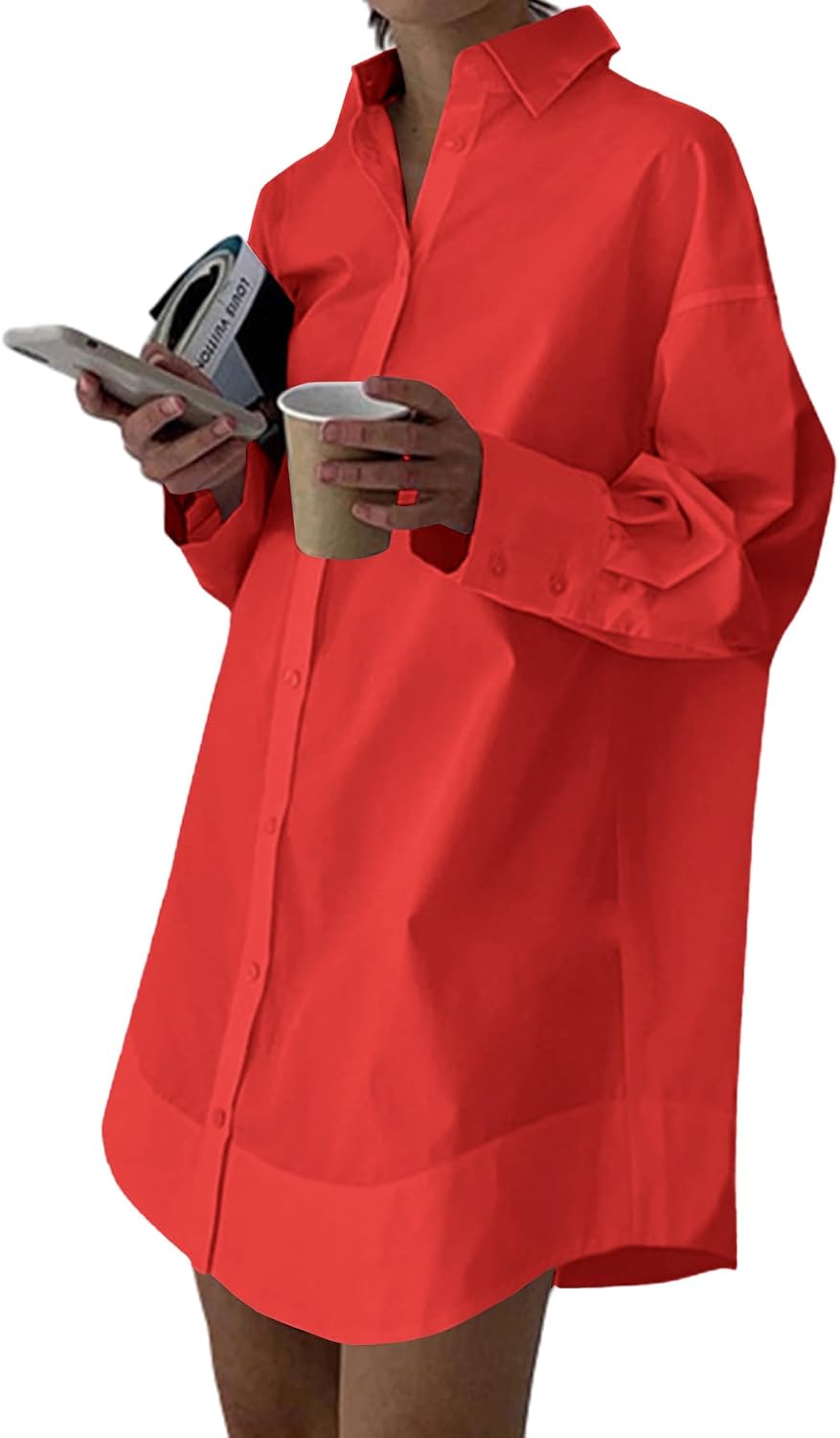 Collared V-Neck Long-Sleeve Button-Down Shirt Dress in Solid Red