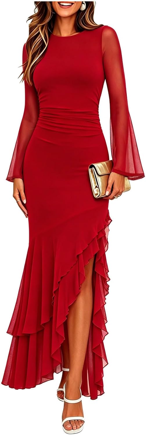 Ruched Mesh Long-Sleeve Mermaid Maxi Dress in Red