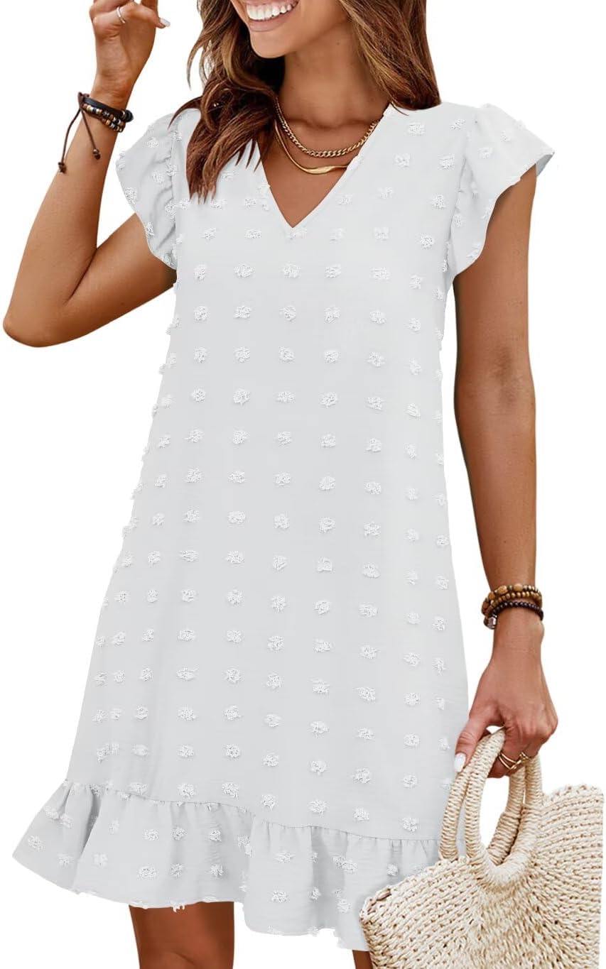 Flutter-Sleeve V-Neck Ruffle-Hem Mini Sundress in White