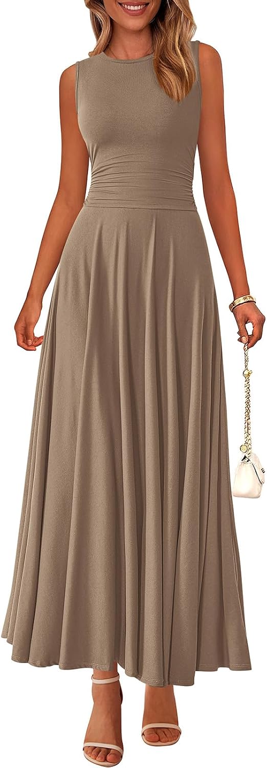 Rib Knit Crew-Neck Sleeveless A-Line Maxi Dress in Light Coffee