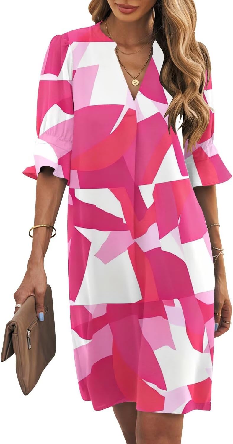 Ruffle-Sleeve V-Neck Swing Shift Mini Dress in Red White Block