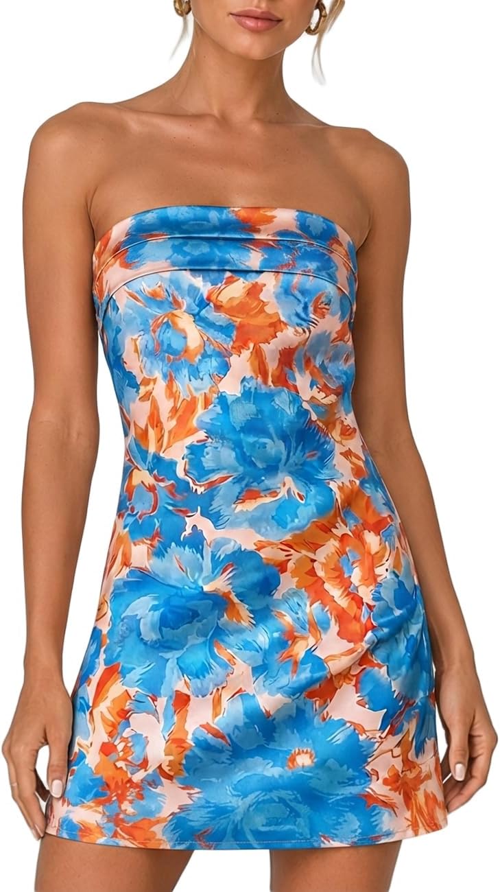 Satin Strapless Backless Tube Mini Dress in Peony Orange