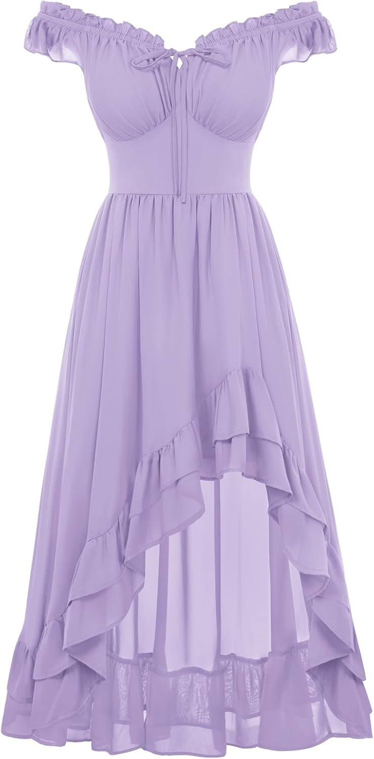 Off-Shoulder Chiffon Corset High-Low Dress in Light Purple