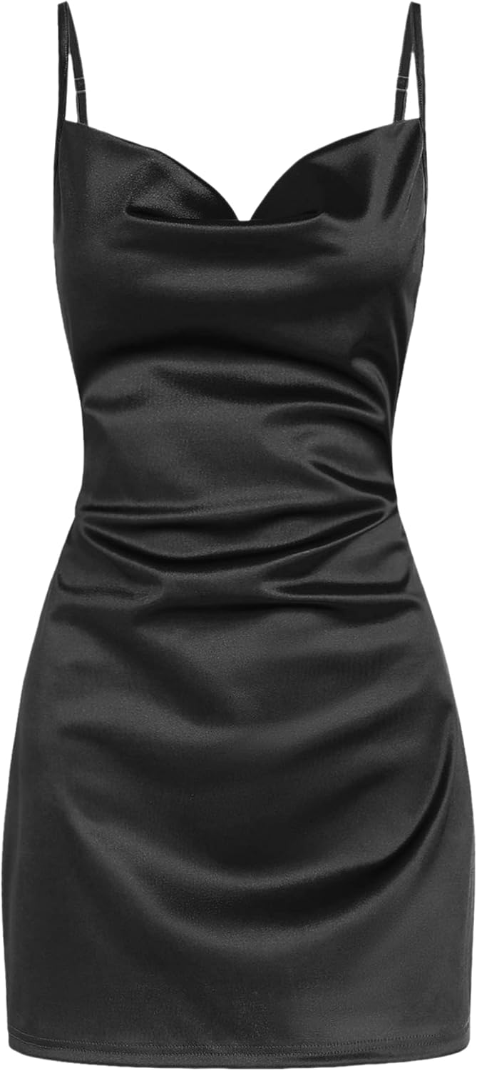 Satin Cowl-Neck Spaghetti Strap Slip Mini Dress in Black, open-back version