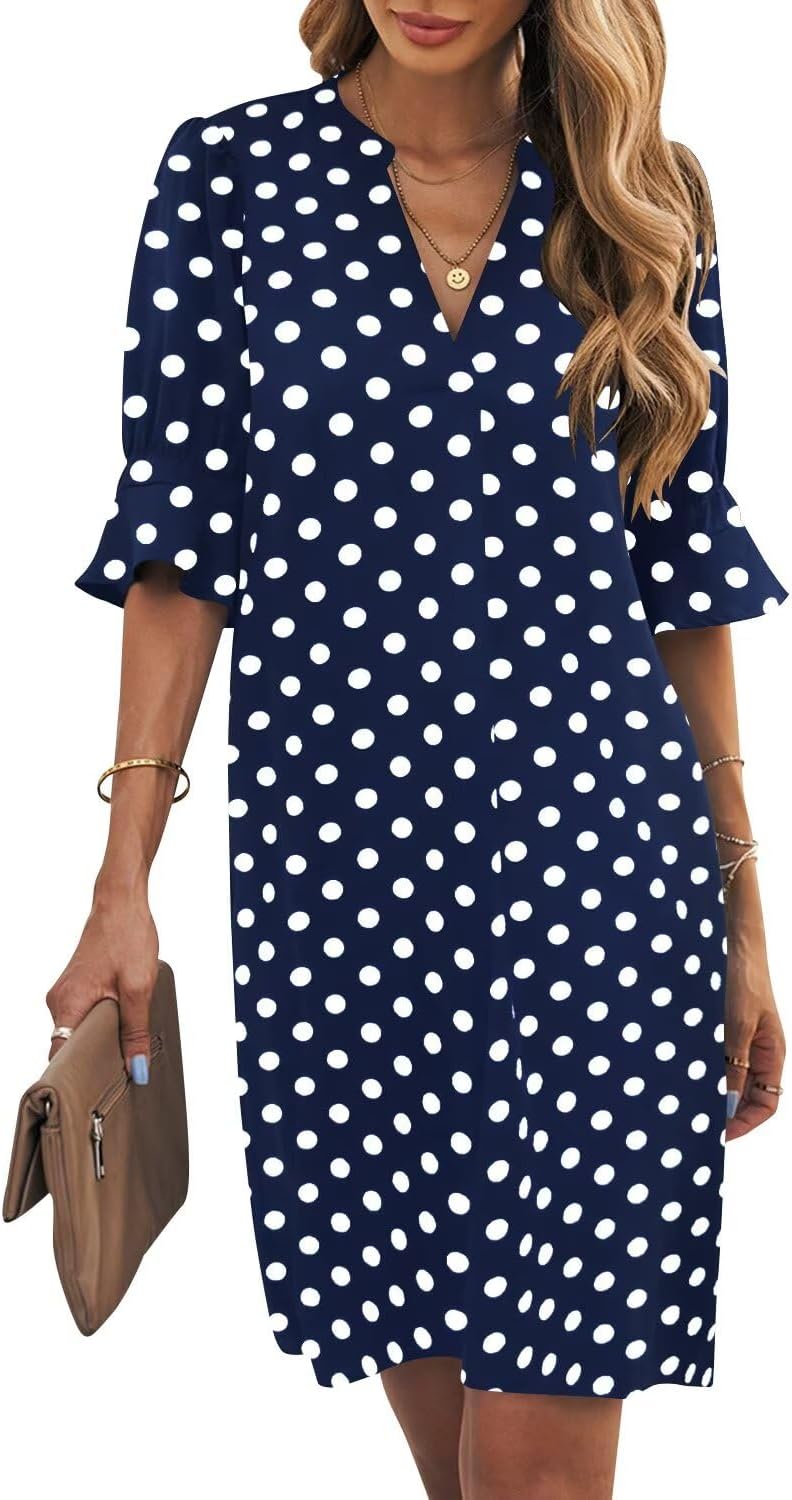 Ruffle-Sleeve V-Neck Swing Shift Mini Dress in Polka Dots Blue
