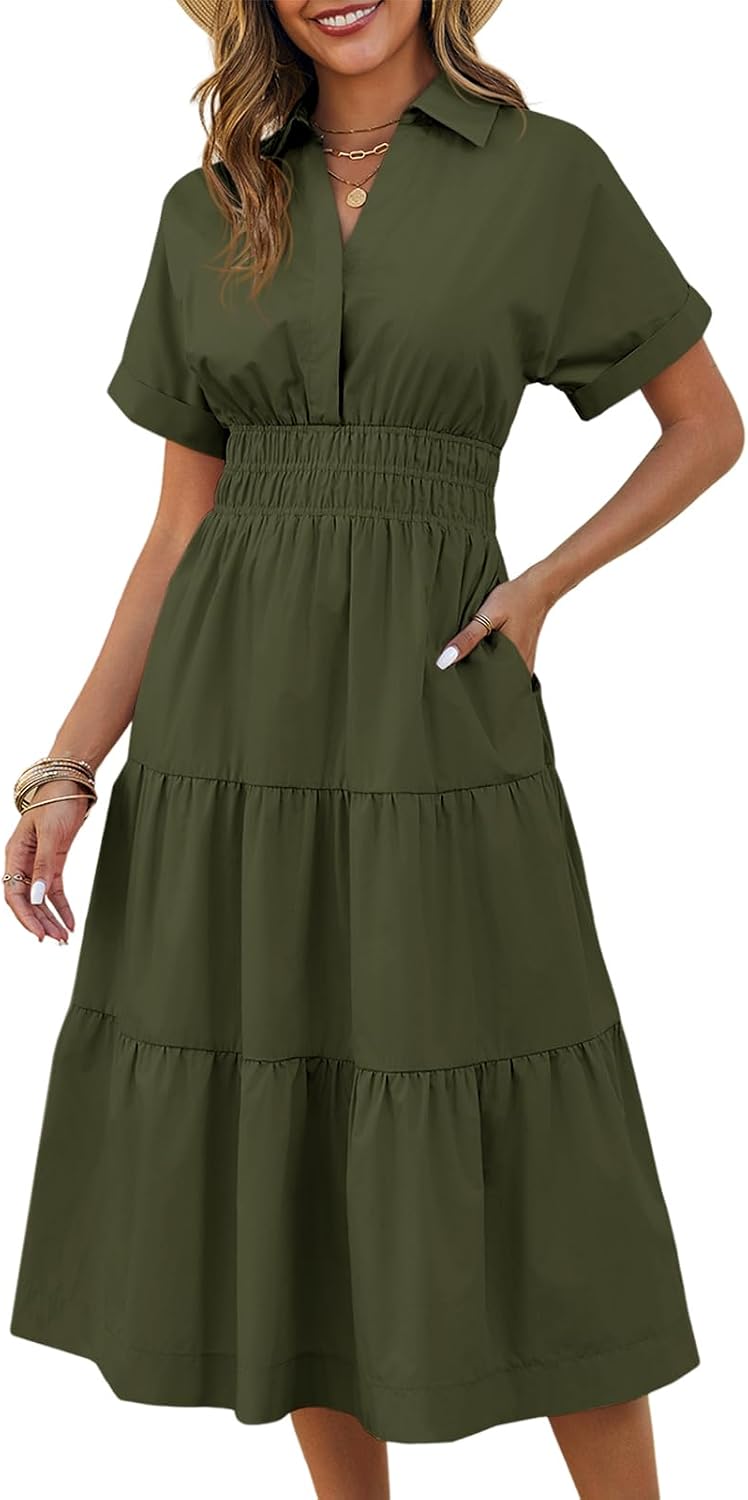 Collared Short-Sleeve Tiered Maxi Shirt Dress in Army Green