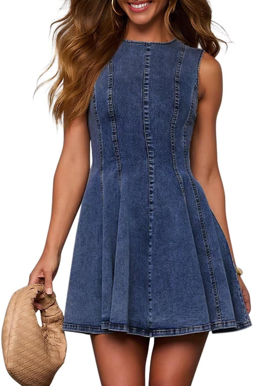 Sleeveless Denim Babydoll Mini Dress in Navy Blue