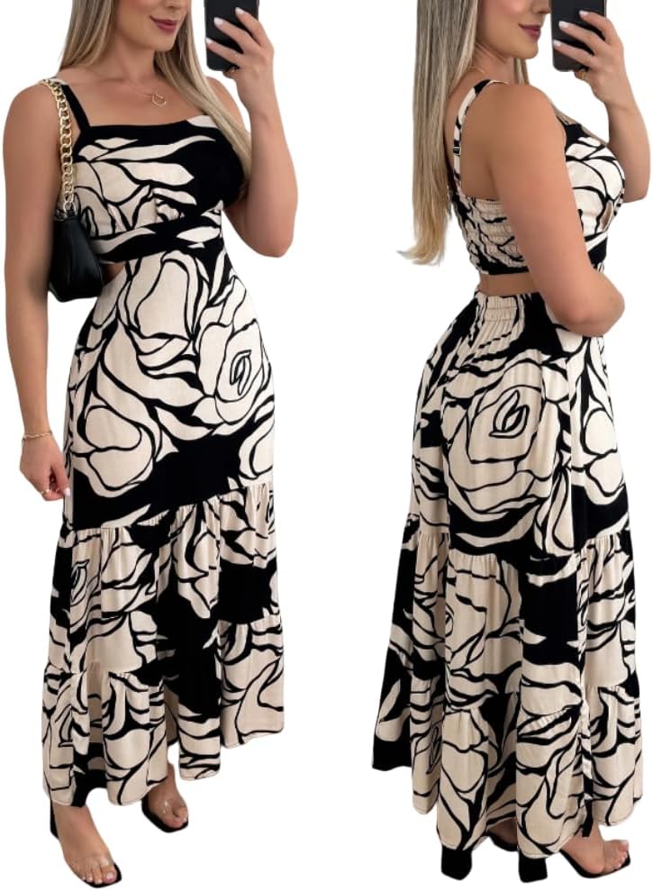 Floral Cut-Out Square-Neck Maxi Sundress in Black