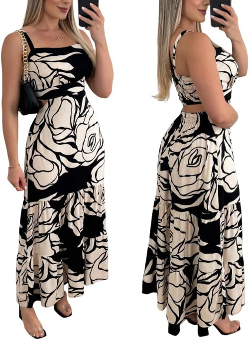 Floral Cut-Out Square-Neck Maxi Sundress in Black