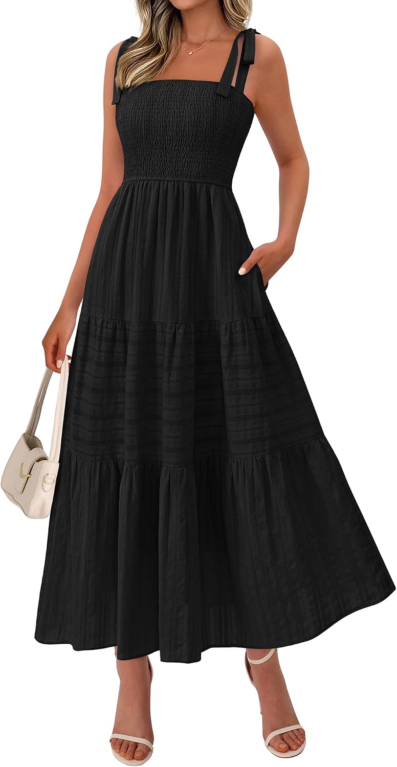 Tie-Strap Smocked Tiered Maxi Sundress in Black