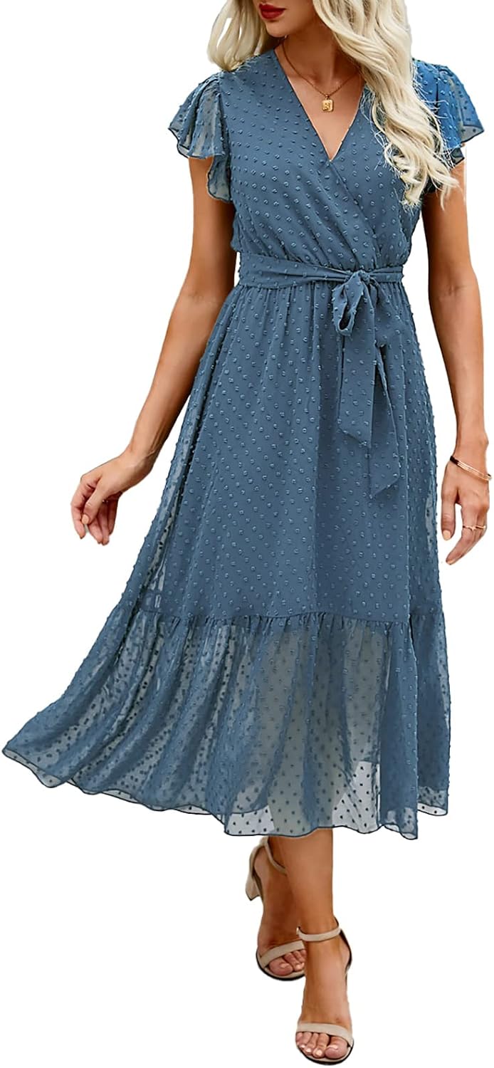 Swiss Dot Wrap V-Neck Belted Midi Dress in Swiss Dot Grey Blue