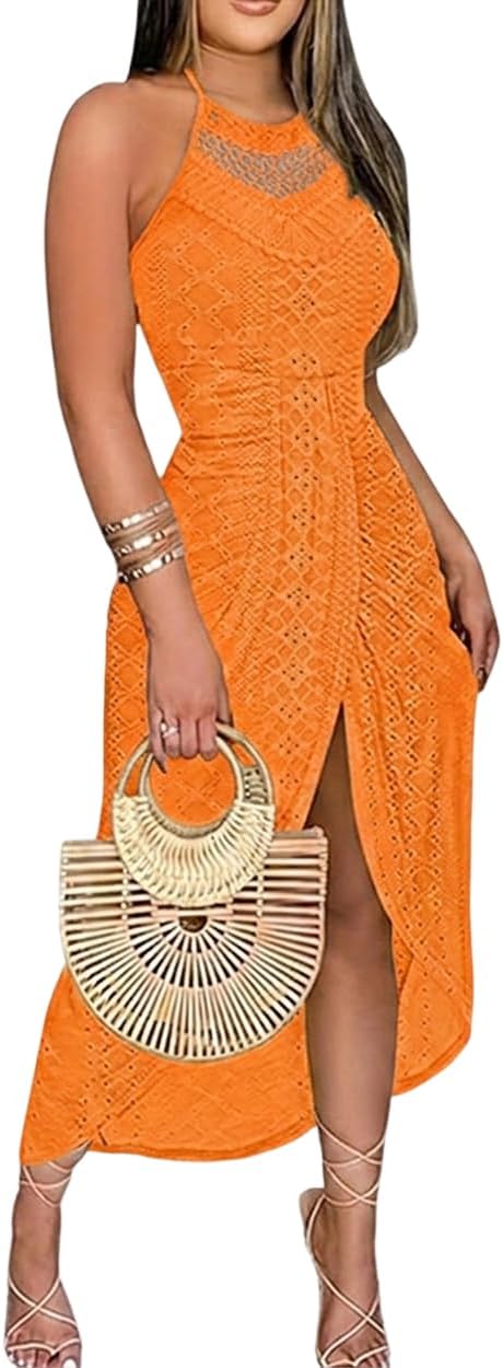 Eyelet Halter Cut-Out A-Line Dress in Orange