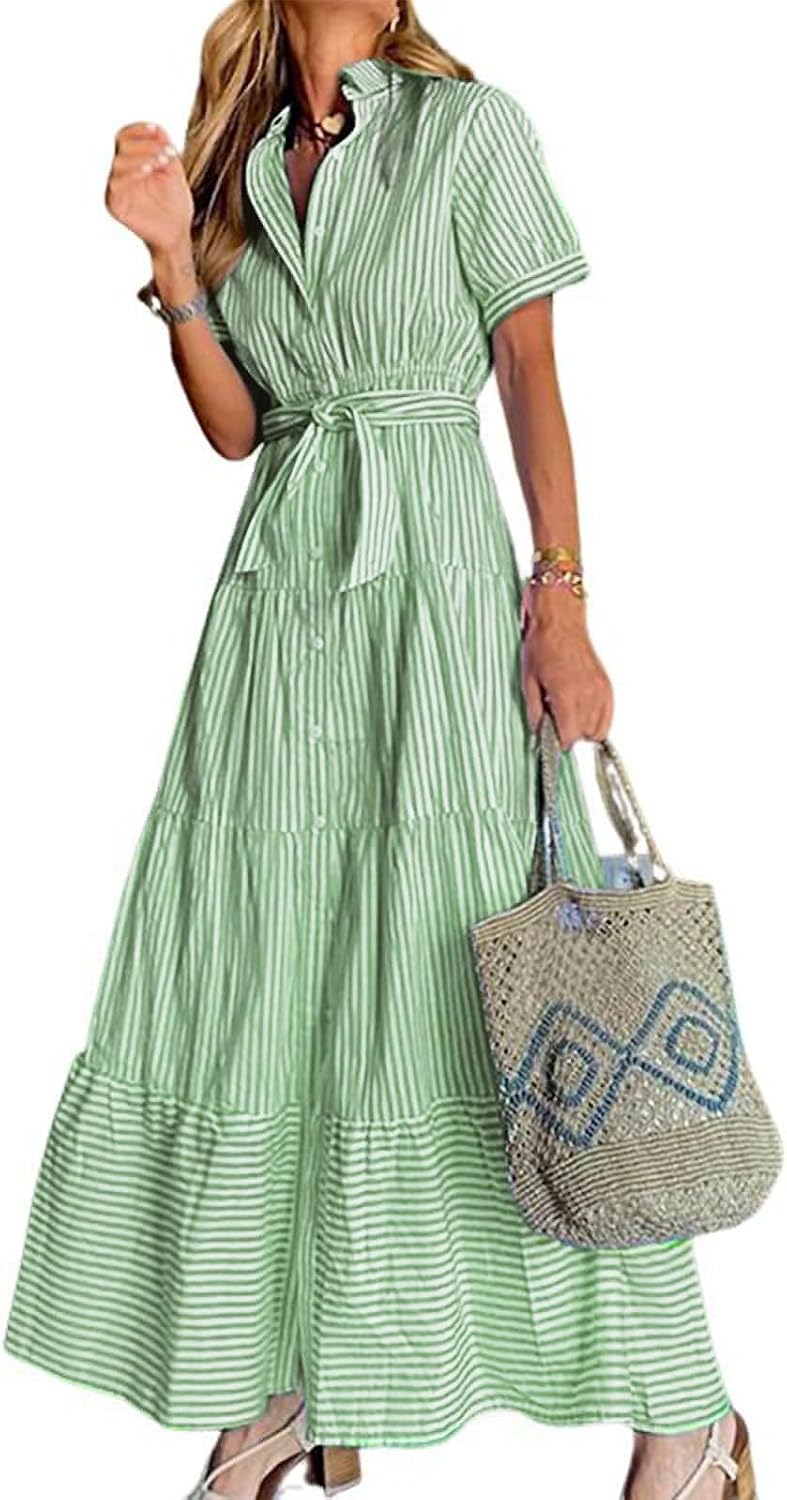 Striped Button-Down Ruffled Maxi Shirt Dress in Green