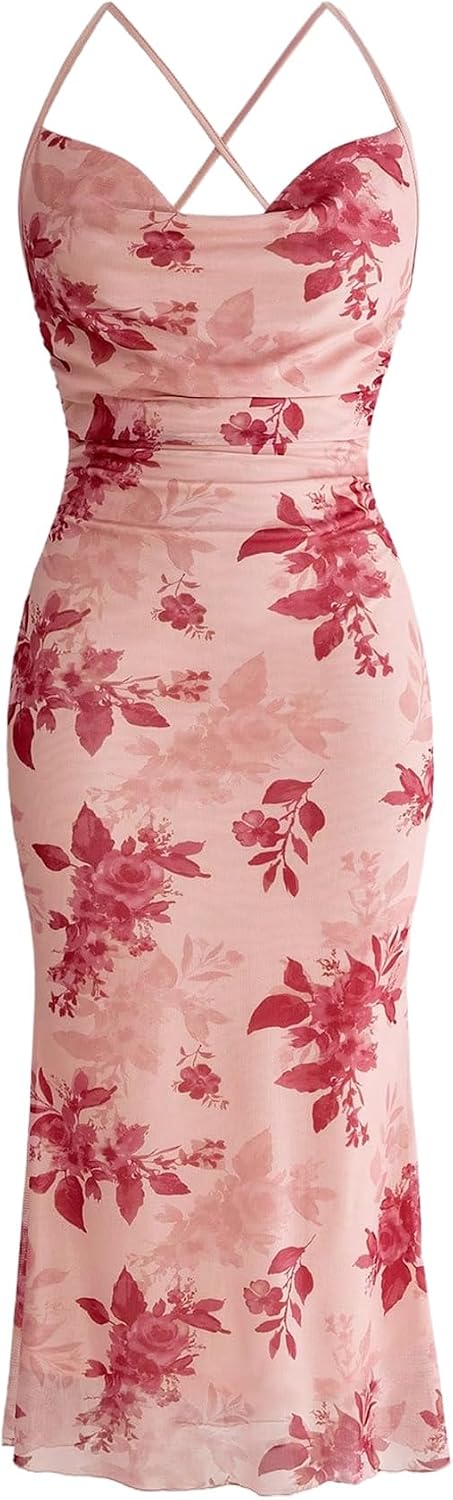 Floral Mesh Cowl-Neck Cami Maxi Dress in Dusty Pink
