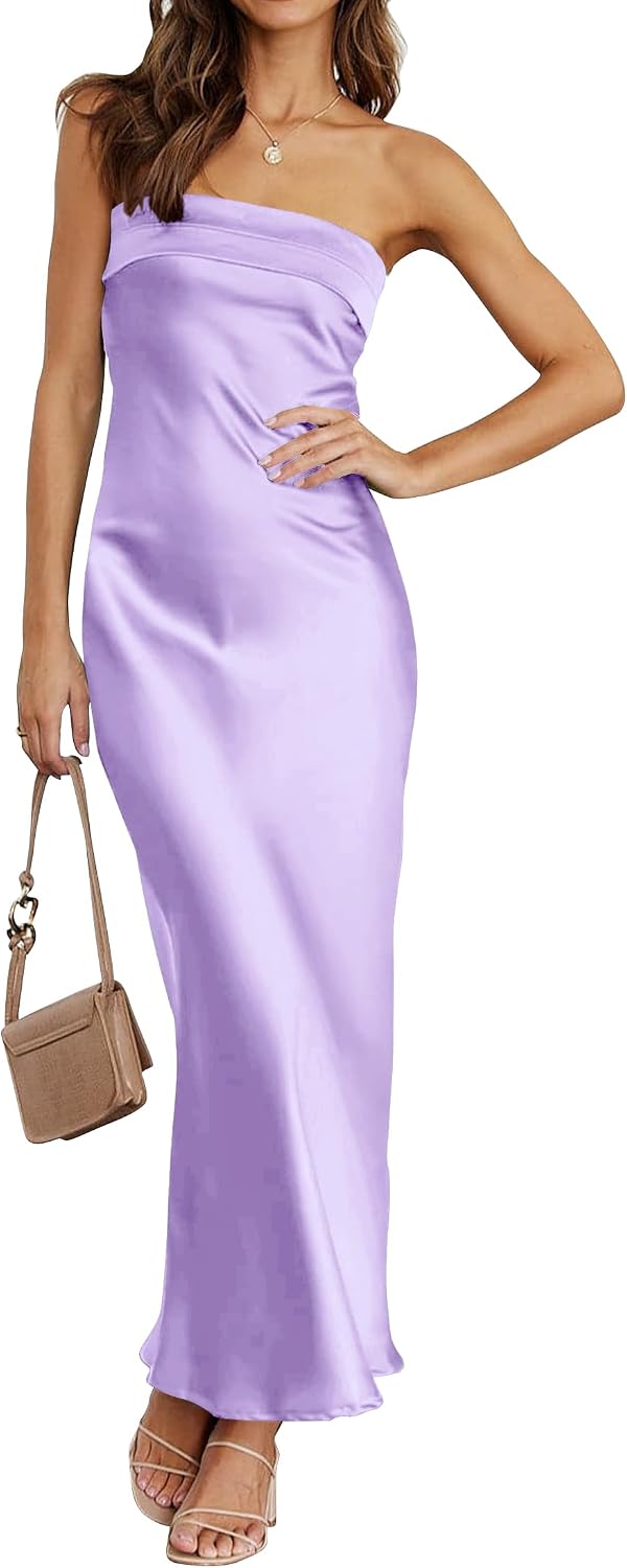 Satin Strapless Backless Bodycon Maxi Dress in Purple