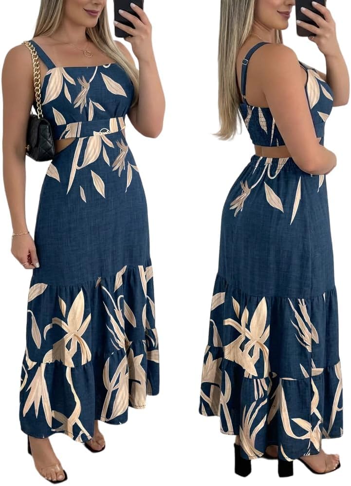 Floral Cut-Out Square-Neck Maxi Sundress in D Floral Purplish Blue