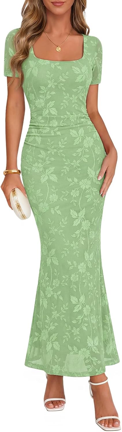 Floral Flocked Mesh Square-Neck Maxi Dress in Light Green