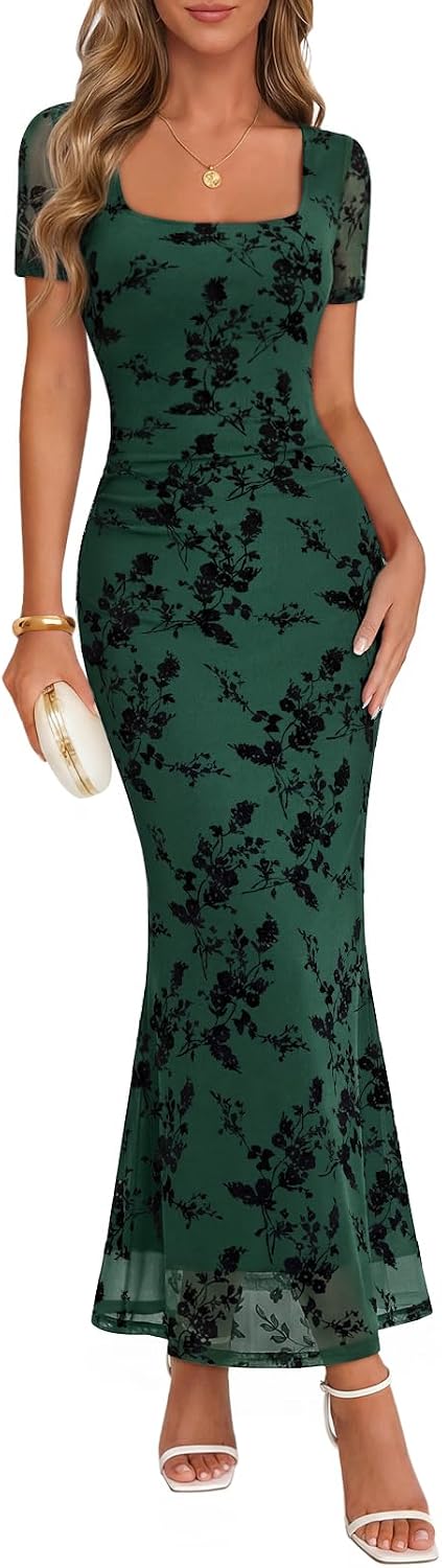 Floral Flocked Mesh Square-Neck Maxi Dress in Dark Green
