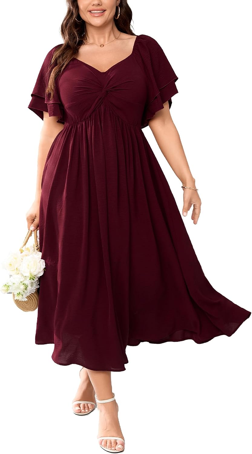 Plus Size Sweetheart Ruffle-Sleeve A-Line Maxi Dress in Burgundy