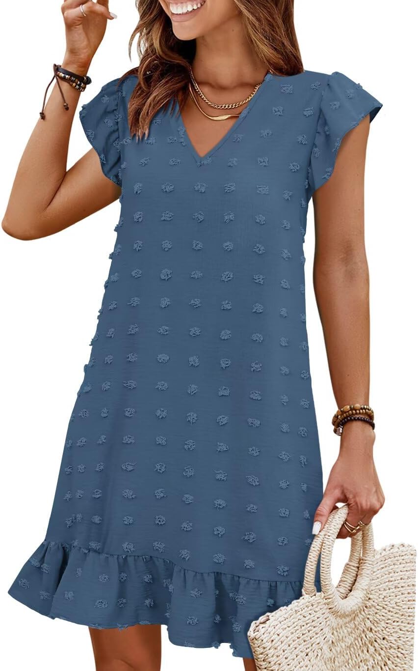 Flutter-Sleeve V-Neck Ruffle-Hem Mini Sundress in Navy Blue