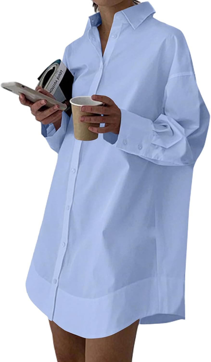 Collared V-Neck Long-Sleeve Button-Down Shirt Dress in Light Blue