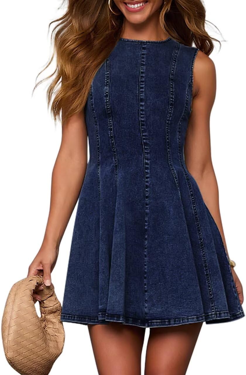 Sleeveless Denim Babydoll Mini Dress in Indigo Blue