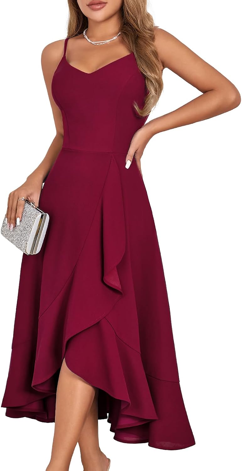Ruffle High-Low Spaghetti Strap Cocktail Dress in Burgundy