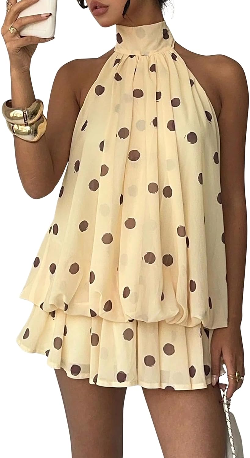 Chiffon Halter Drop-Waist Ruffle-Hem Mini Dress in Polka Yellow