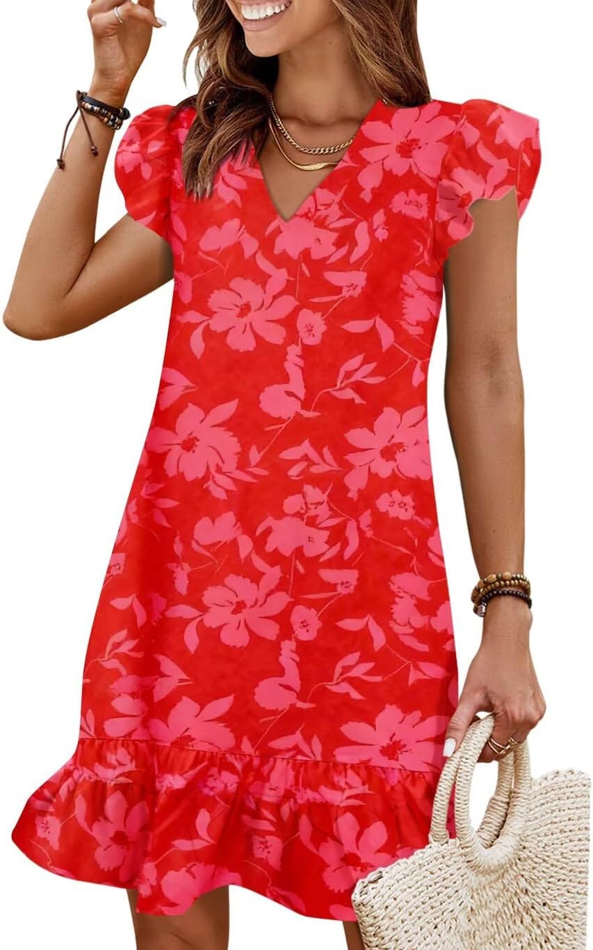 Flutter-Sleeve V-Neck Ruffle-Hem Mini Sundress in Red Flower print