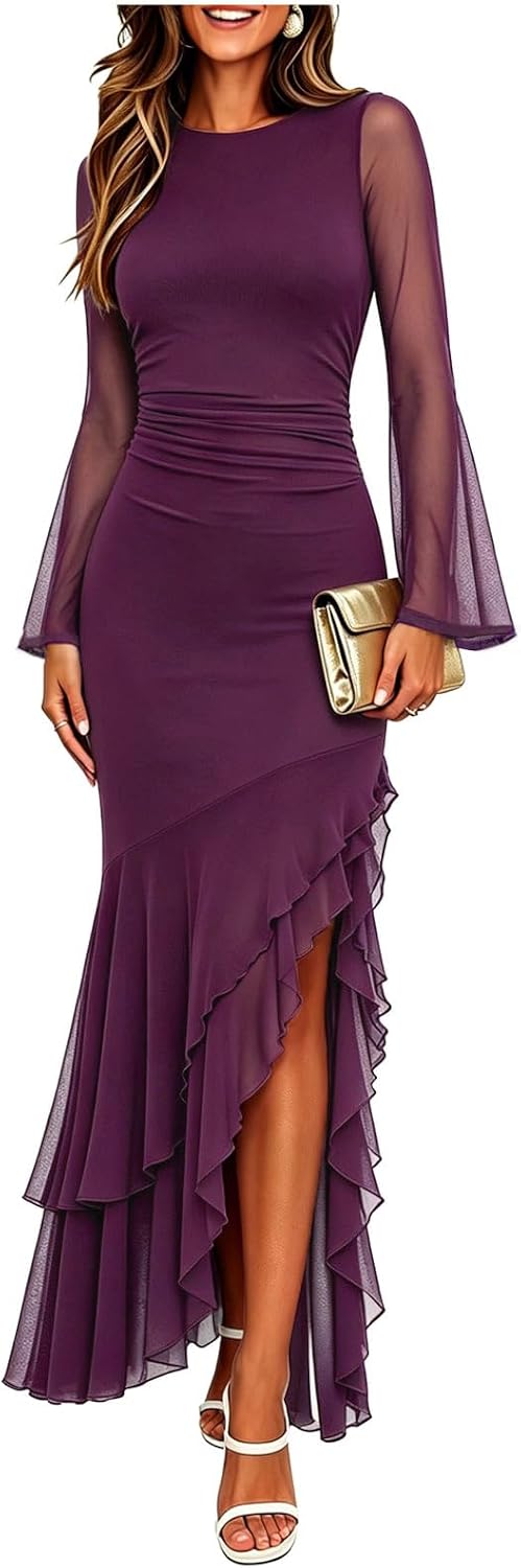 Ruched Mesh Long-Sleeve Mermaid Maxi Dress in Dark Purple
