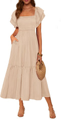 Smocked Square-Neck Ruffle-Sleeve Tiered Midi Dress in Apricot
