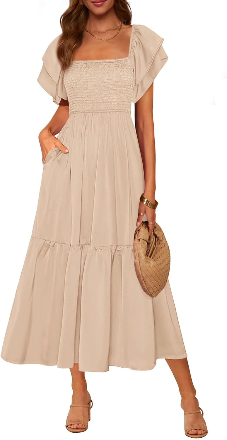 Smocked Square-Neck Ruffle-Sleeve Tiered Midi Dress in Apricot