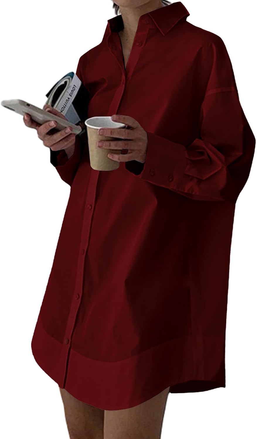 Collared V-Neck Long-Sleeve Button-Down Shirt Dress in Wine Red