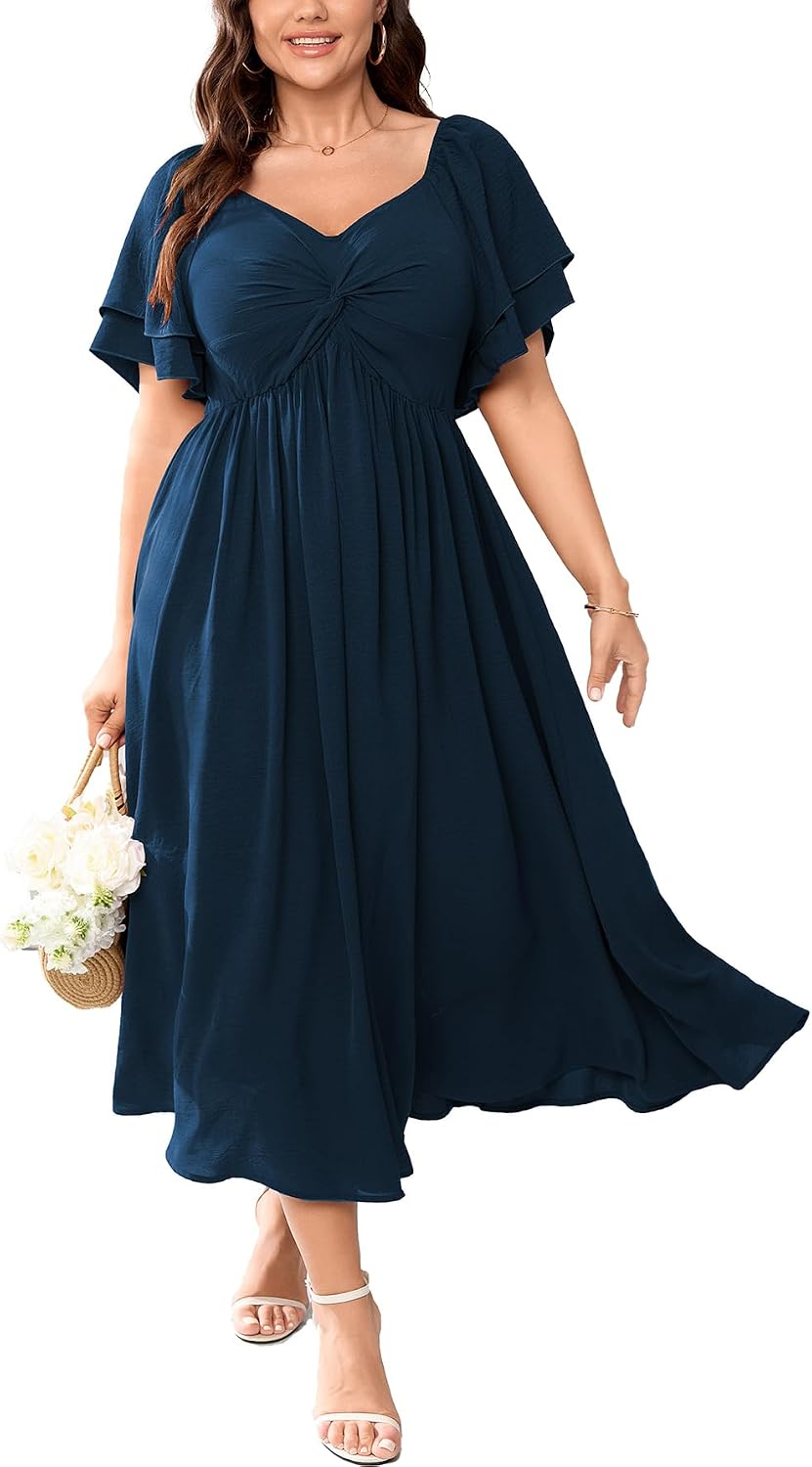 Plus Size Sweetheart Ruffle-Sleeve A-Line Maxi Dress in Lake Blue