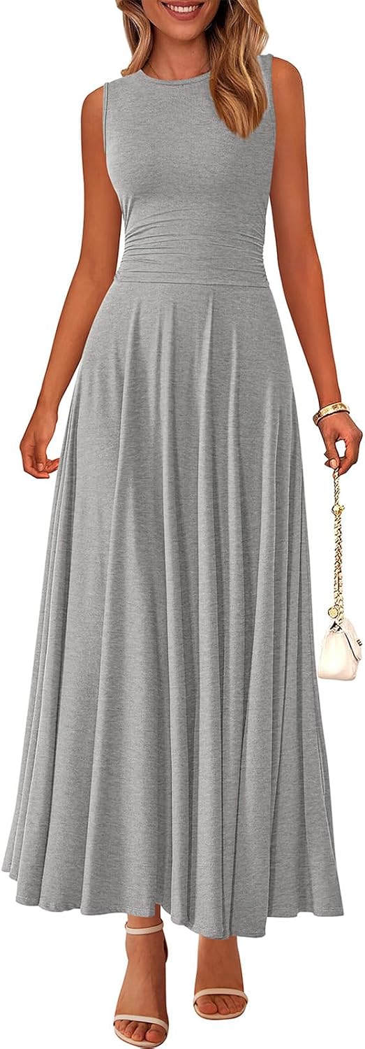 Rib Knit Crew-Neck Sleeveless A-Line Maxi Dress in Grey
