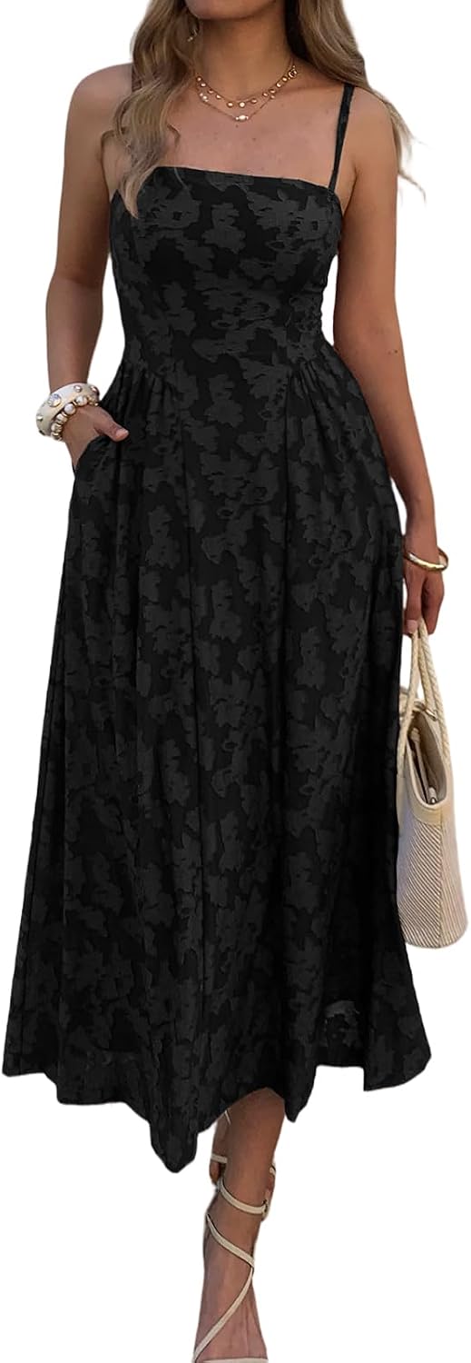 Floral Jacquard Square-Neck Maxi Dress in Black