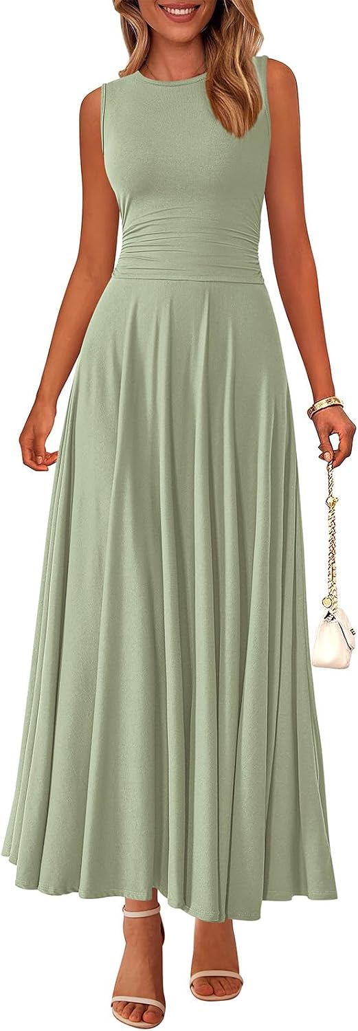 Rib Knit Crew-Neck Sleeveless A-Line Maxi Dress in Bean Green