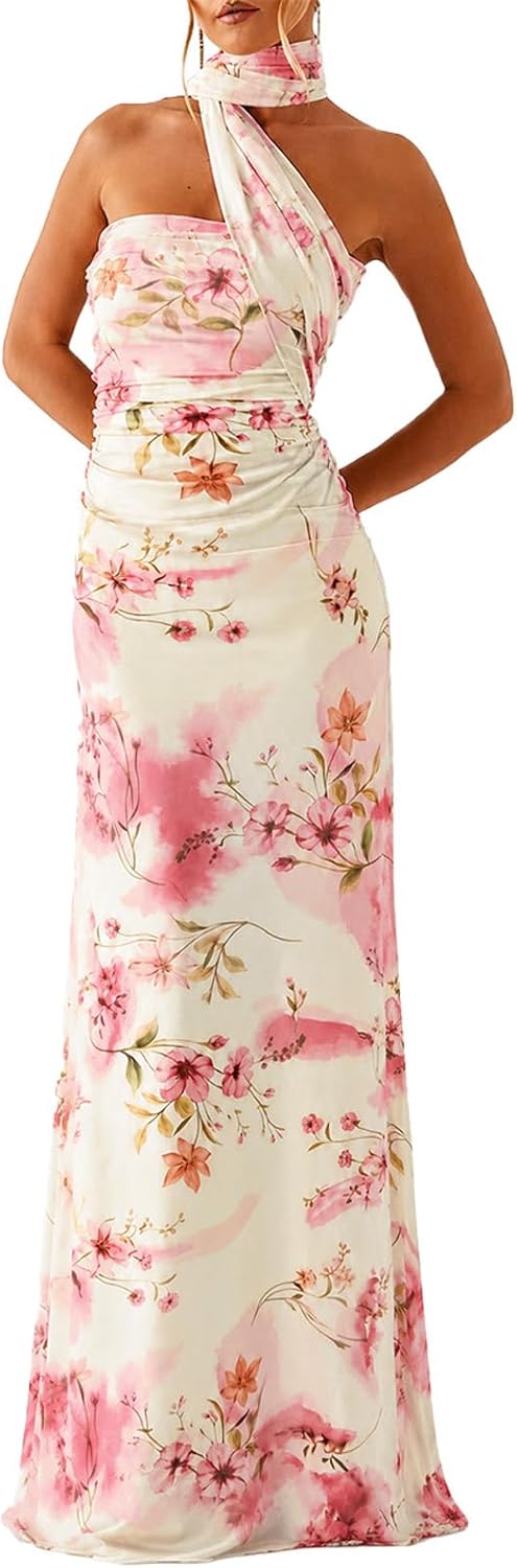 Floral Strapless Tube Maxi Dress with Scarf in Light Pink