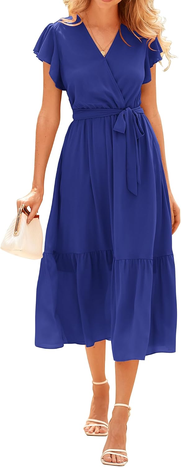 Swiss Dot Wrap V-Neck Belted Midi Dress in Solid Royal Blue