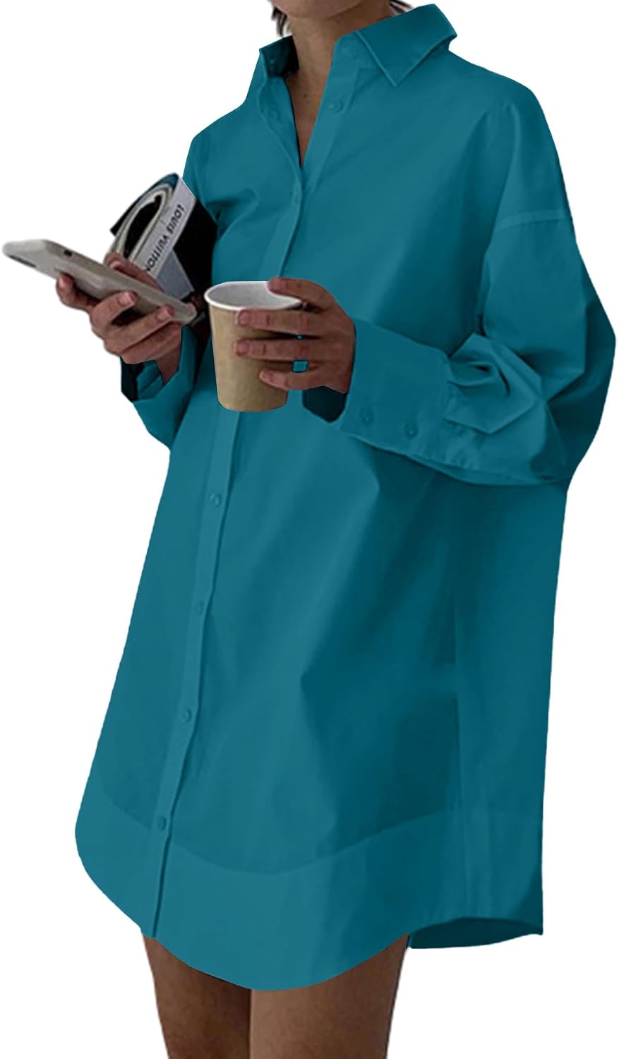 Collared V-Neck Long-Sleeve Button-Down Shirt Dress in Turquoise