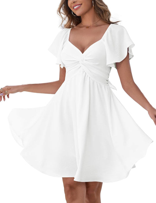 Chiffon Sweetheart Knot-Front Flutter-Sleeve Mini Dress in White