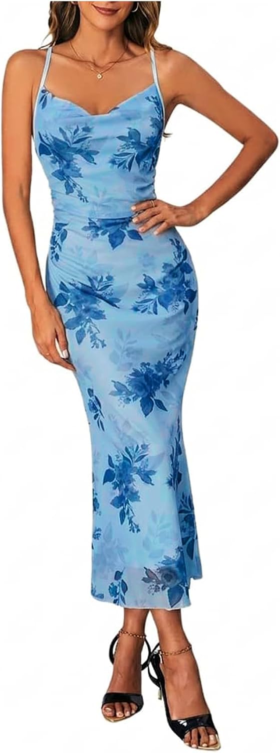 Floral Mesh Cowl-Neck Cami Maxi Dress in Light Blue