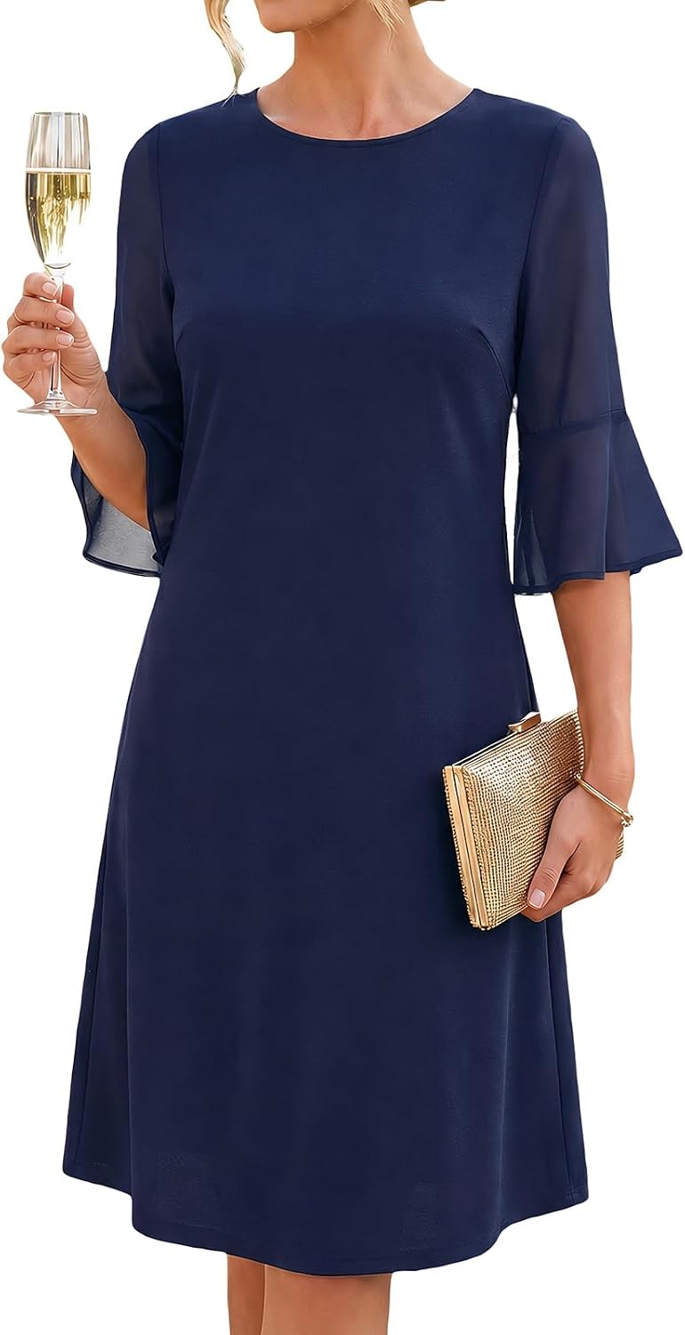 Chiffon Bell-Sleeve Crew-Neck A-Line Dress in Navy Blue, style 2