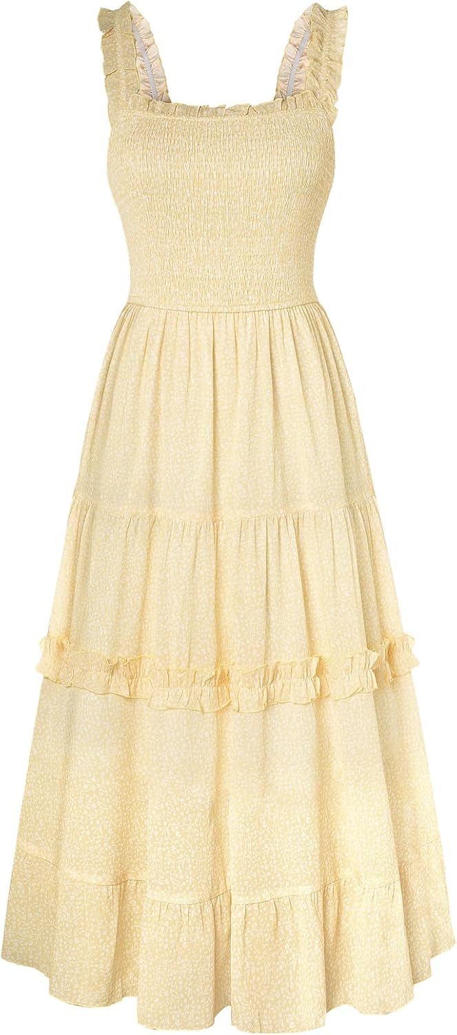 Floral Smocked Square-Neck Tiered Sundress in Yellow White Floral