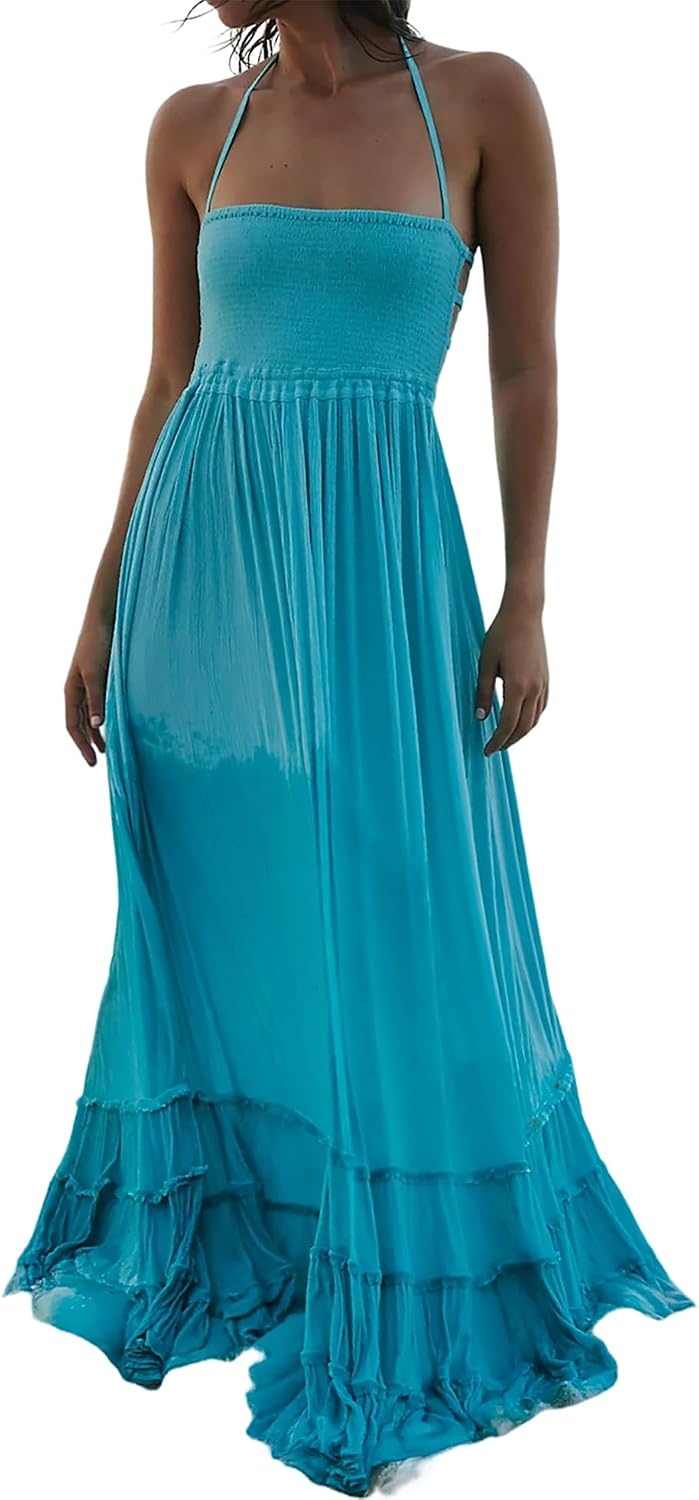 Smocked Ruffle Halter Backless Maxi Dress in Aqua Blue