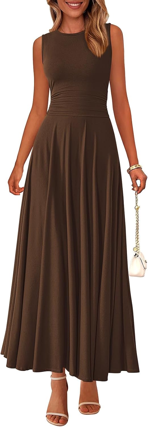Rib Knit Crew-Neck Sleeveless A-Line Maxi Dress in Coffee