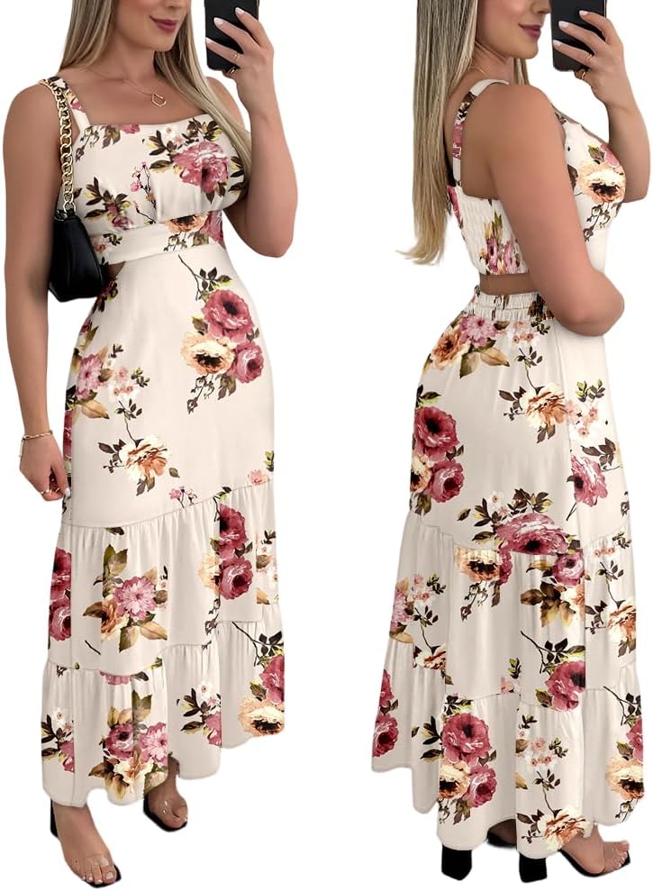 Floral Cut-Out Square-Neck Maxi Sundress in E Floral Apricot